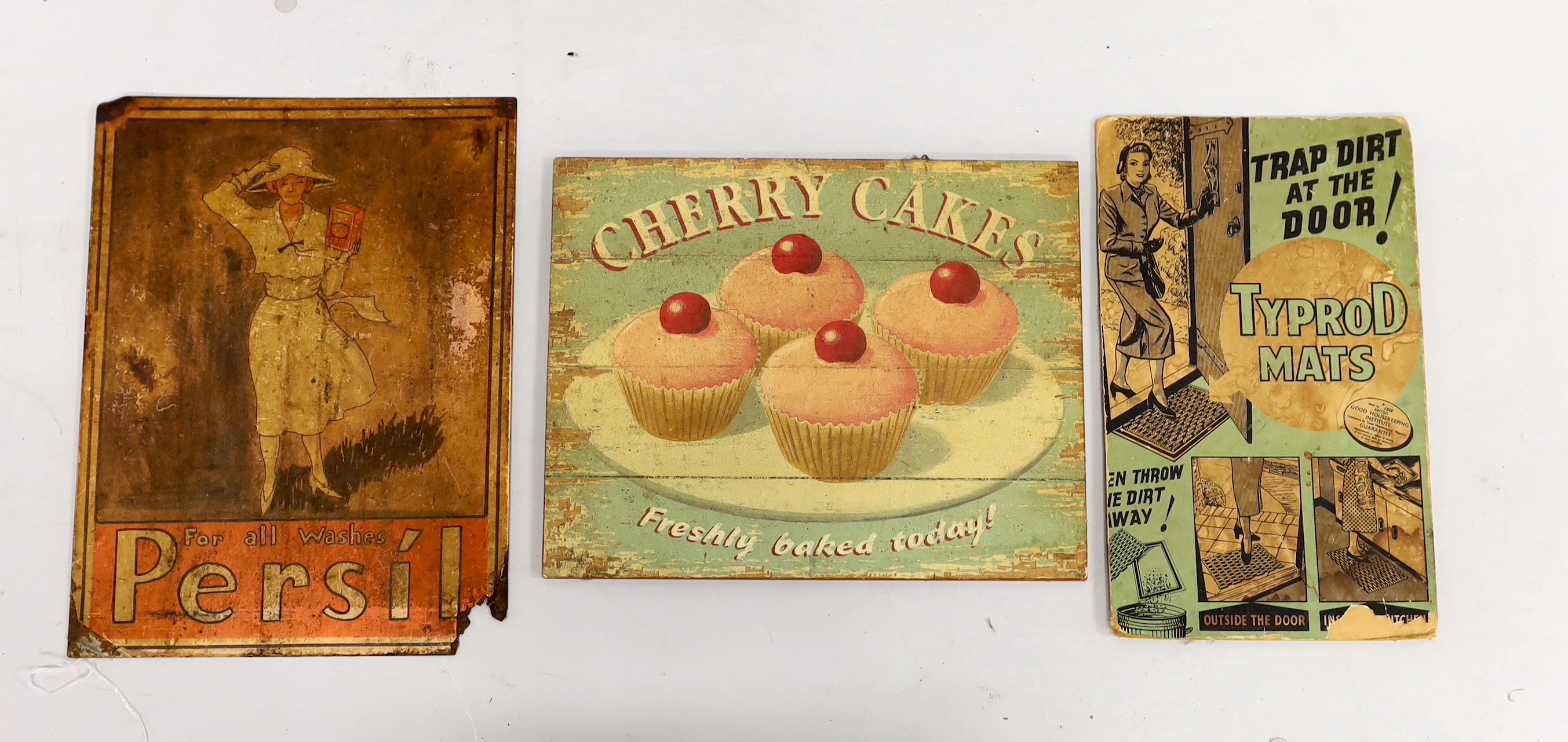 A vintage style 'Cherry Cakes' advertising sign, width 38cm, height 30cm, Typrod Mats car sign and one other